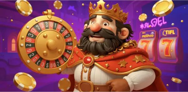 SpinRise Casino – König präsentiert goldene Roulette-Scheibe mit glänzenden Münzen